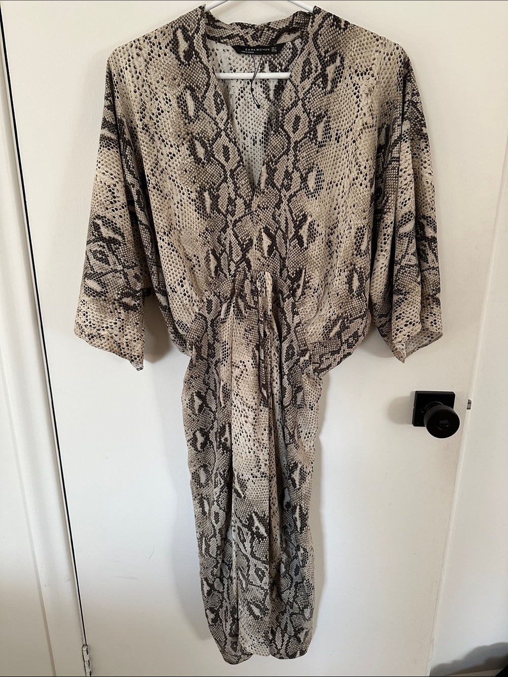 NWOT Zara Snake-Print Midi Dress in Taupe and Black